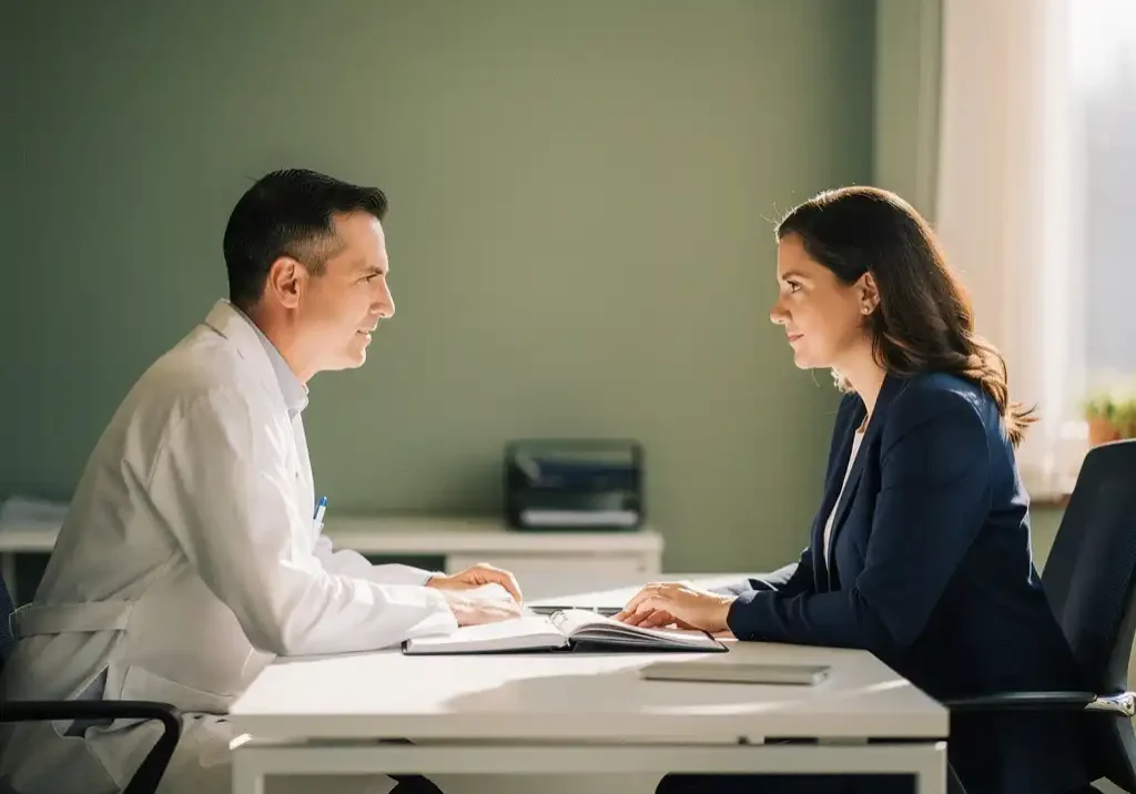 Bedrijfsarts in witte jas bespreekt dossier met HR-professional aan modern bureau in licht kantoor.