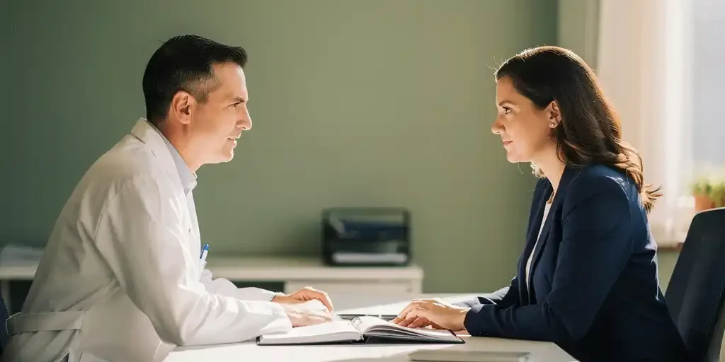 Bedrijfsarts in witte jas bespreekt dossier met HR-professional aan modern bureau in licht kantoor.
