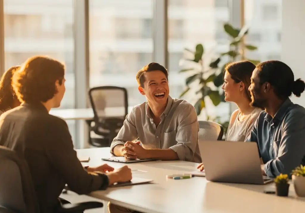 Lachende medewerker met collega's aan moderne vergadertafel in licht kantoor met groot raam en warme natuurlijke belichting.