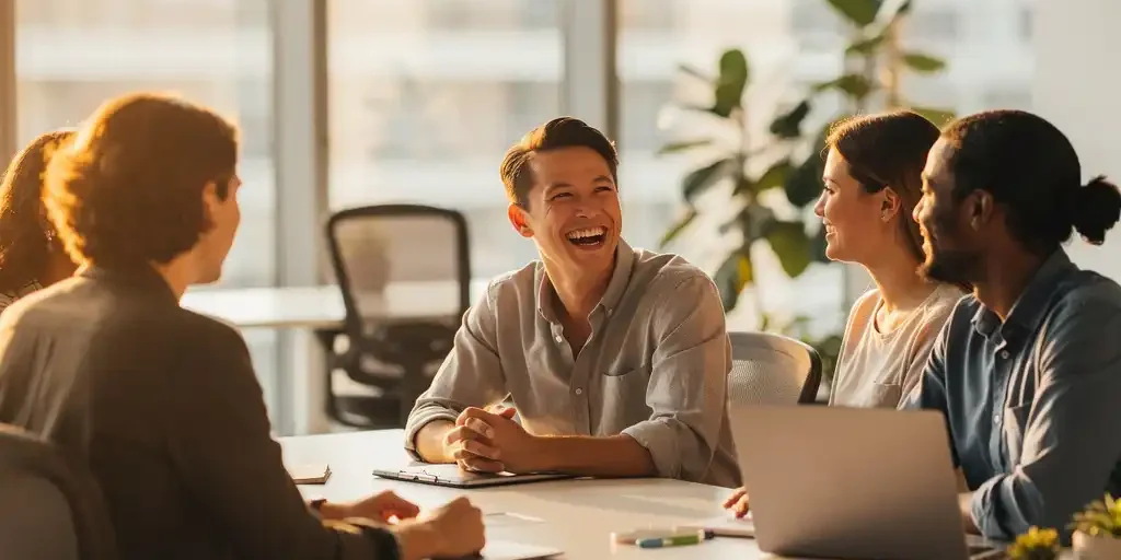 Lachende medewerker met collega's aan moderne vergadertafel in licht kantoor met groot raam en warme natuurlijke belichting.