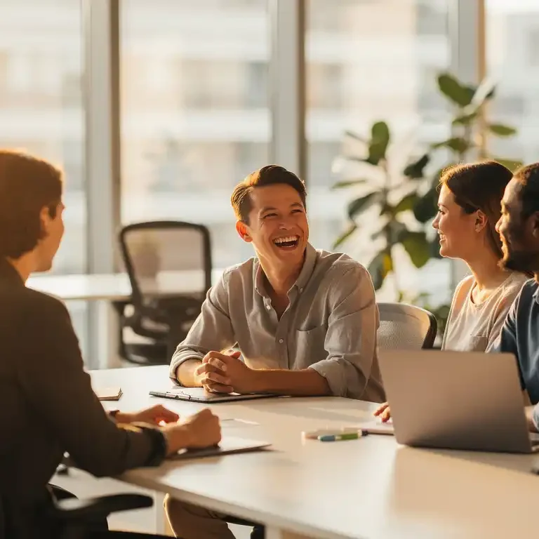 Lachende medewerker met collega's aan moderne vergadertafel in licht kantoor met groot raam en warme natuurlijke belichting.
