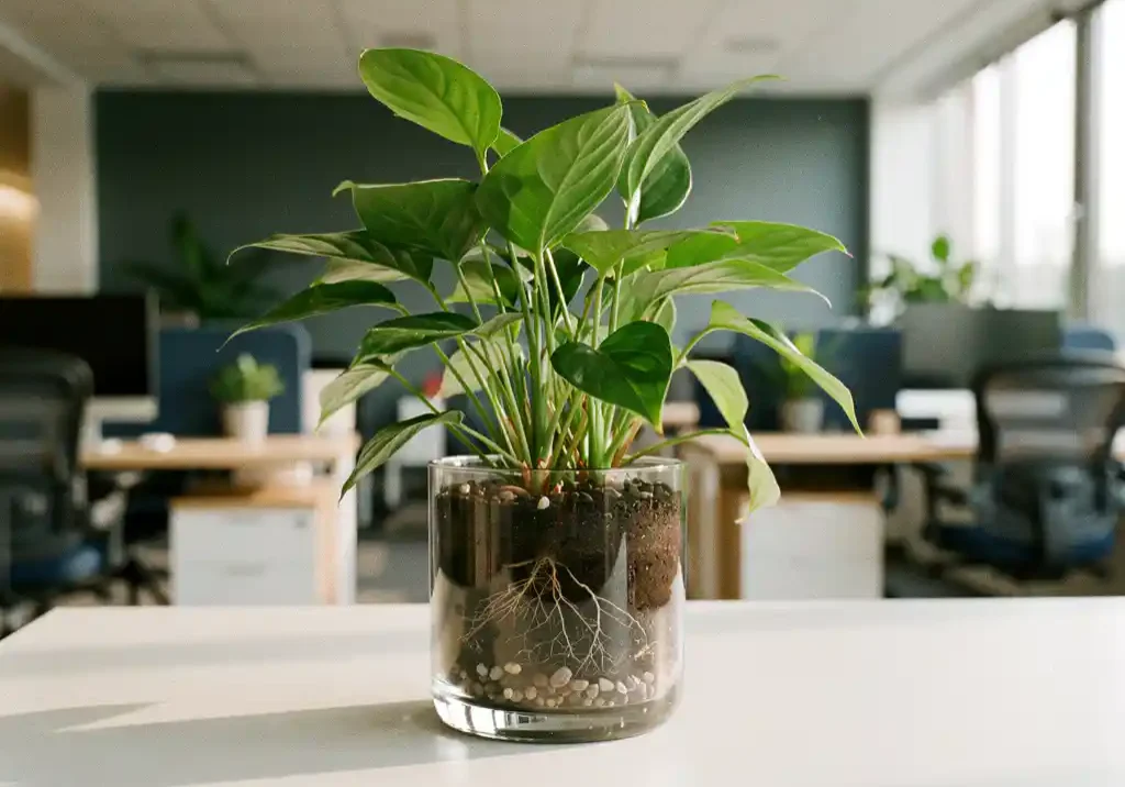 Gezonde groene plant in transparante pot op wit bureau, wortels zichtbaar in vaste grond, modern kantoor op de achtergrond.
