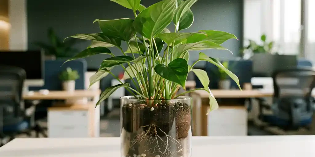 Gezonde groene plant in transparante pot op wit bureau, wortels zichtbaar in vaste grond, modern kantoor op de achtergrond.