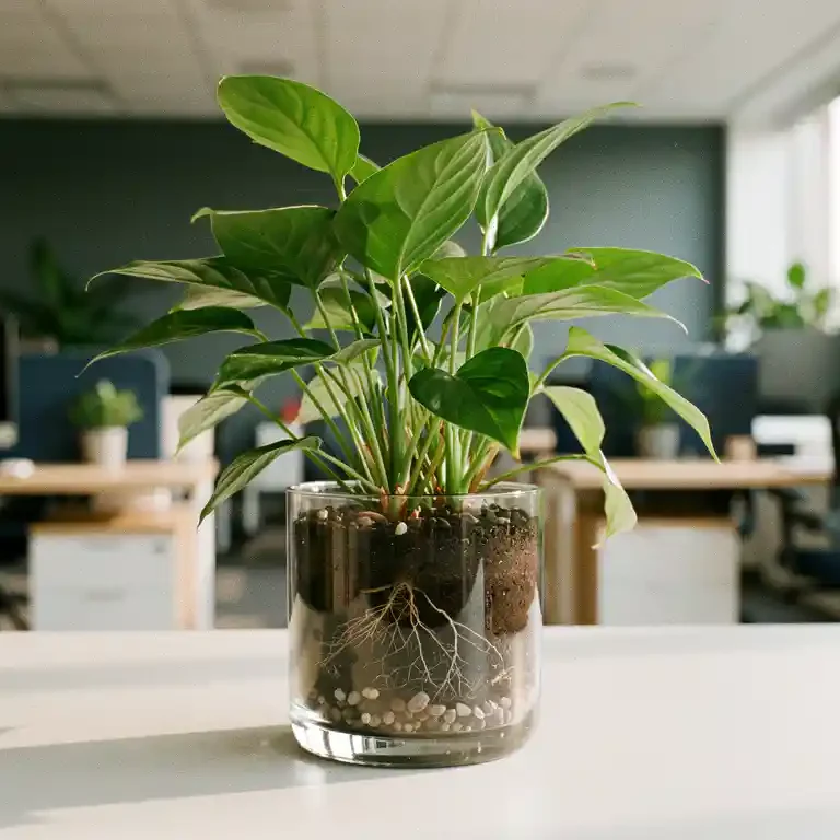 Gezonde groene plant in transparante pot op wit bureau, wortels zichtbaar in vaste grond, modern kantoor op de achtergrond.