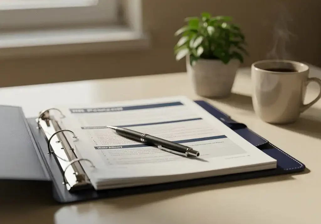 Open HR-beleidsmap op een opgeruimd bureau met pen, koffiemok en kleine plant in warm natuurlijk licht.