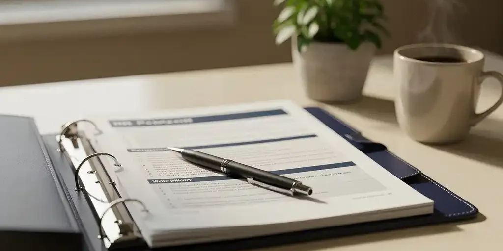 Open HR-beleidsmap op een opgeruimd bureau met pen, koffiemok en kleine plant in warm natuurlijk licht.