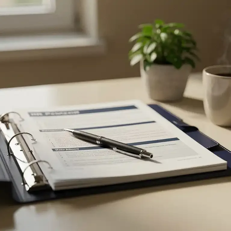 Open HR-beleidsmap op een opgeruimd bureau met pen, koffiemok en kleine plant in warm natuurlijk licht.