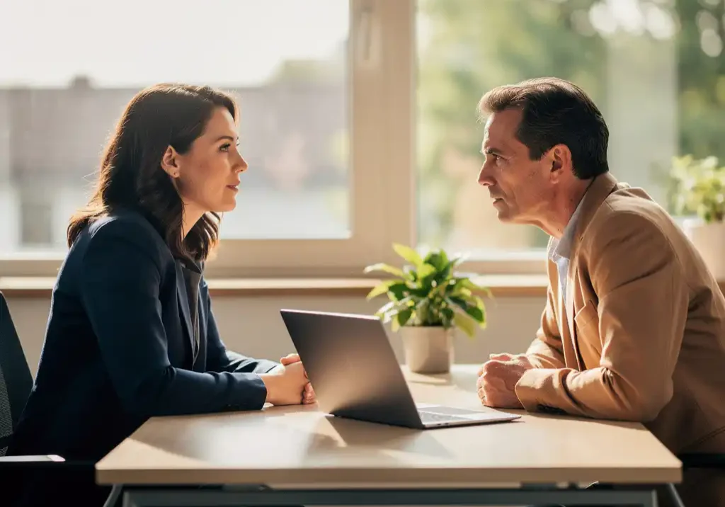 HR-manager en bedrijfsarts in gesprek op een licht modern kantoor, laptop en plant op bureau, warme natuurlijke belichting.