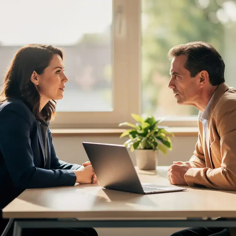 HR-manager en bedrijfsarts in gesprek op een licht modern kantoor, laptop en plant op bureau, warme natuurlijke belichting.