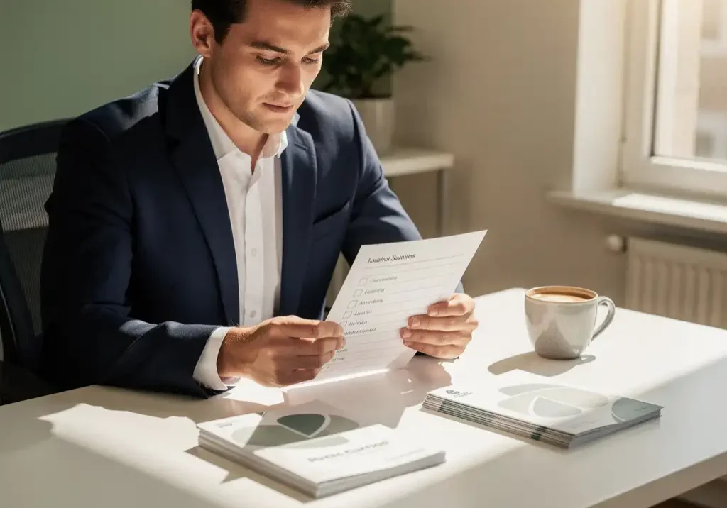 HR-manager bekijkt checklist aan modern bureau met bedrijfsbrochures en koffie in warm, natuurlijk kantoorlicht.