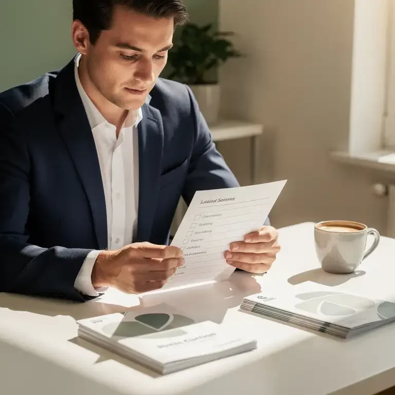 HR-manager bekijkt checklist aan modern bureau met bedrijfsbrochures en koffie in warm, natuurlijk kantoorlicht.