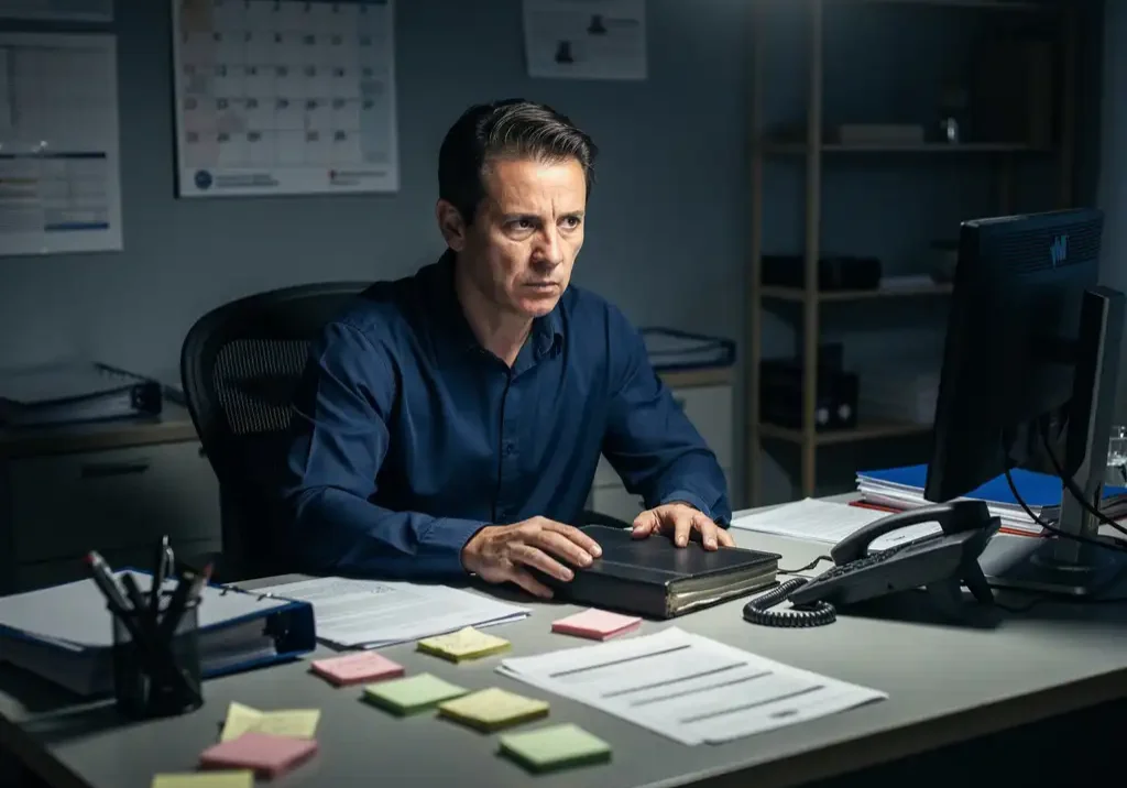 HR-manager zit gestrest aan rommelig bureau met ongeopend personeelsdossier, onbeantwoorde telefoon en verspreide notities in sober kantoor.