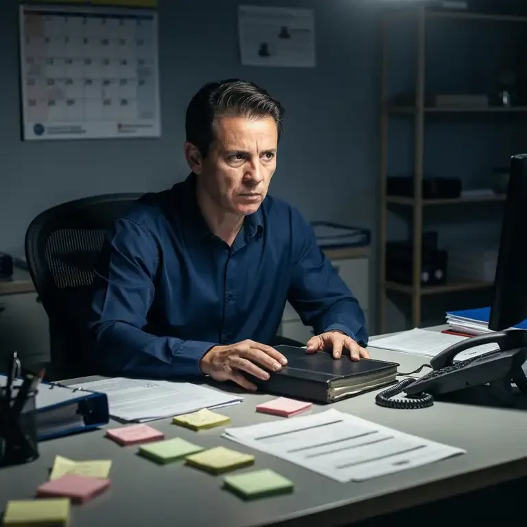 HR-manager zit gestrest aan rommelig bureau met ongeopend personeelsdossier, onbeantwoorde telefoon en verspreide notities in sober kantoor.