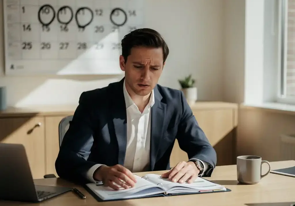 HR-manager aan bureau met open personeelsdossier, wandkalender met omcirkelde data op achtergrond, kantooromgeving met natuurlijk licht.