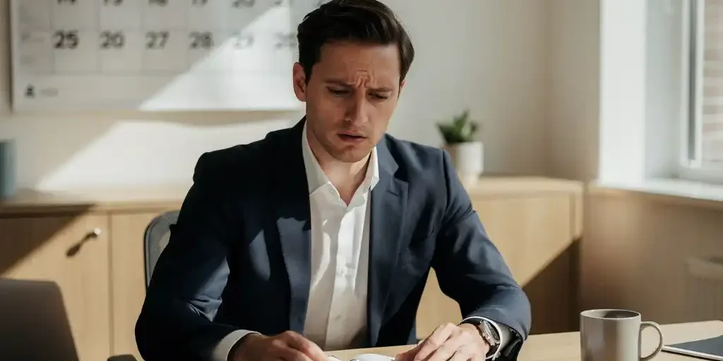 HR-manager aan bureau met open personeelsdossier, wandkalender met omcirkelde data op achtergrond, kantooromgeving met natuurlijk licht.