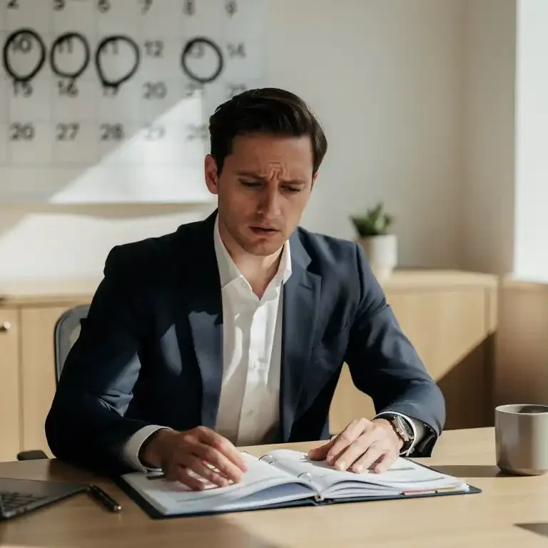 HR-manager aan bureau met open personeelsdossier, wandkalender met omcirkelde data op achtergrond, kantooromgeving met natuurlijk licht.