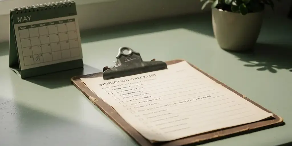Versleten klembord met inspectiechecklist op industrieel bureau, met bureaukalender en kleine kamerplant in zacht natuurlijk licht.