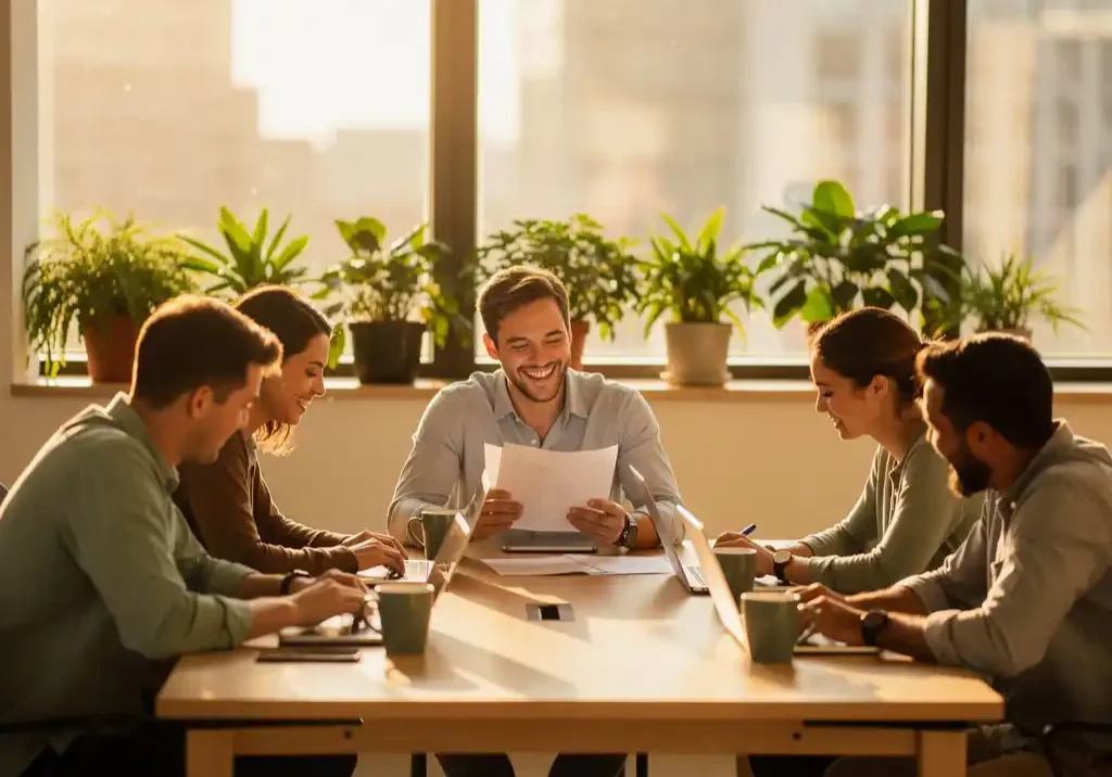 Medewerkers verzamelen zich lachend rond een zonnige communal tafel in een open kantoor met groene planten en warm ochtendlicht.