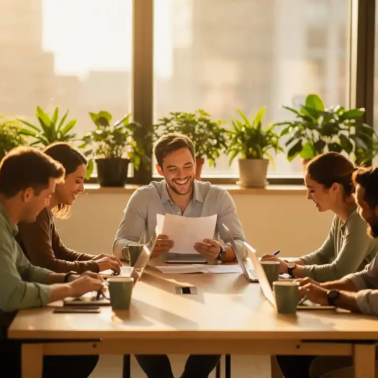 Medewerkers verzamelen zich lachend rond een zonnige communal tafel in een open kantoor met groene planten en warm ochtendlicht.