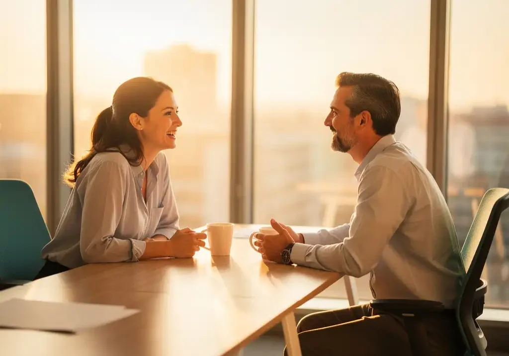 Teamleider en medewerker in ontspannen gesprek aan modern bureau met koffie, warm ochtendlicht en open sfeer.