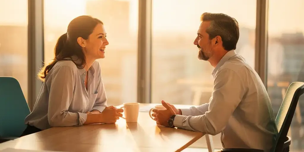 Teamleider en medewerker in ontspannen gesprek aan modern bureau met koffie, warm ochtendlicht en open sfeer.