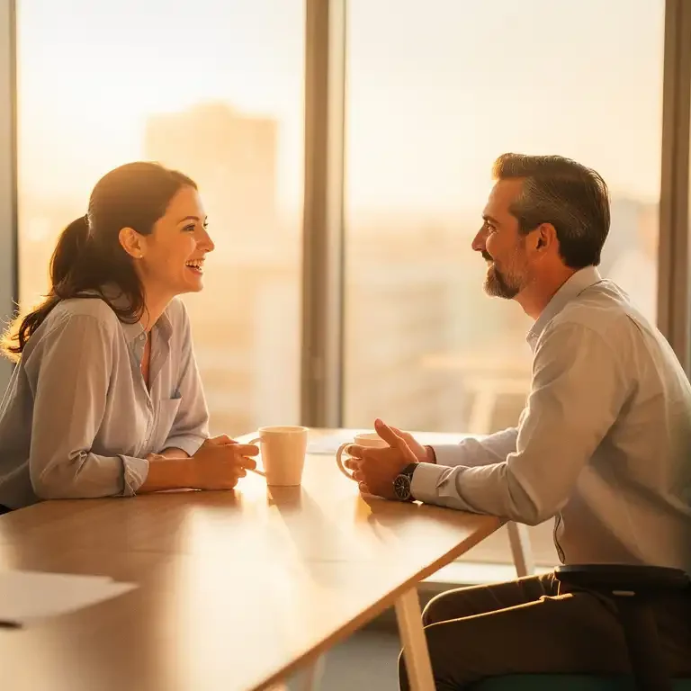 Teamleider en medewerker in ontspannen gesprek aan modern bureau met koffie, warm ochtendlicht en open sfeer.