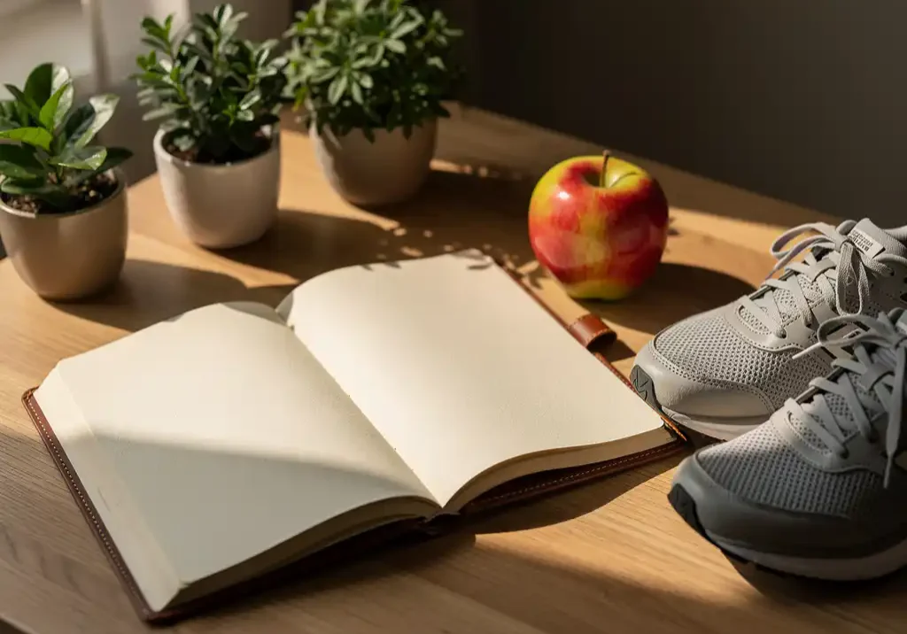 Opengeslagen leren jaarplanner op een eikenhouten bureau met groene potplanten, een appel en hardloopschoenen in warm ochtendlicht.
