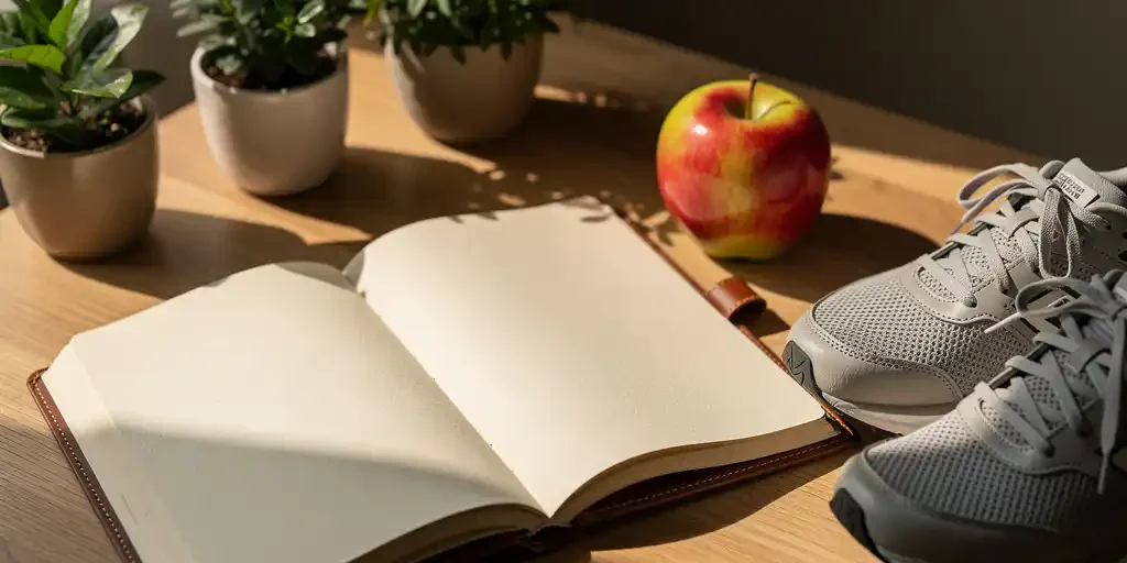 Opengeslagen leren jaarplanner op een eikenhouten bureau met groene potplanten, een appel en hardloopschoenen in warm ochtendlicht.