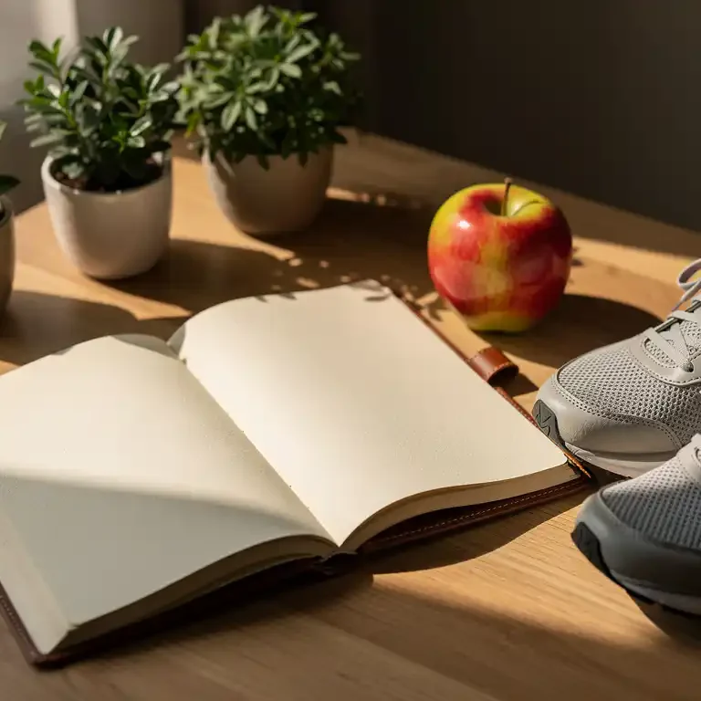 Opengeslagen leren jaarplanner op een eikenhouten bureau met groene potplanten, een appel en hardloopschoenen in warm ochtendlicht.