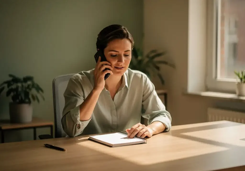 Manager voert rustig een telefoongesprek aan opgeruimd bureau in een professioneel kantoor, met notitieblok en pen bij de hand.
