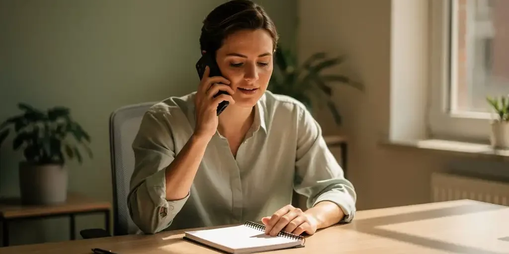 Manager voert rustig een telefoongesprek aan opgeruimd bureau in een professioneel kantoor, met notitieblok en pen bij de hand.