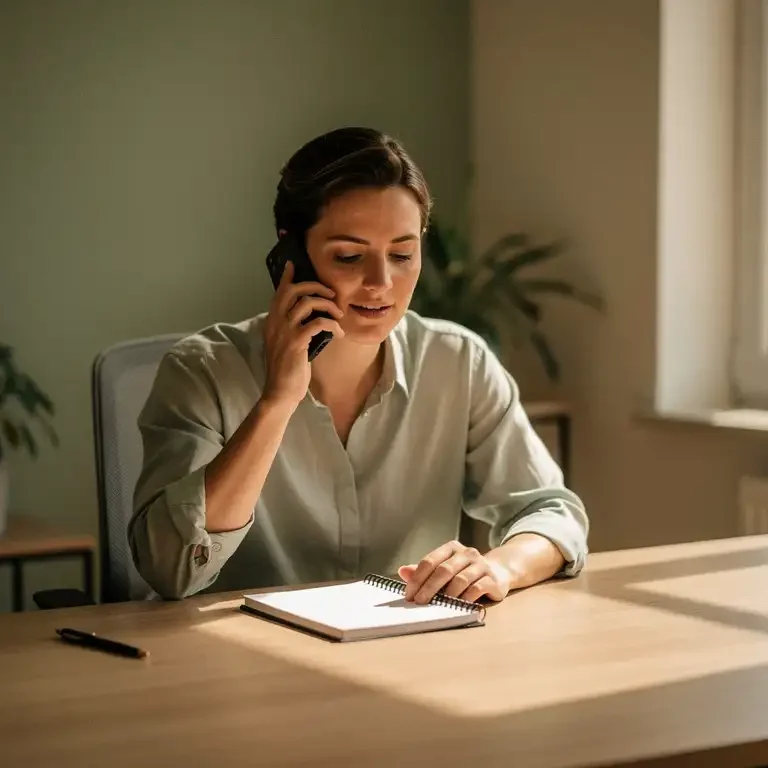 Manager voert rustig een telefoongesprek aan opgeruimd bureau in een professioneel kantoor, met notitieblok en pen bij de hand.