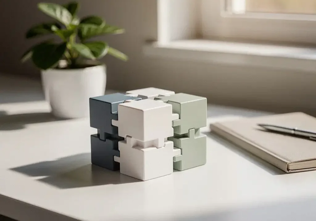 Modulaire bouwblokken in gedempte kleuren op een wit bureau, symboliseren samenhangende servicecomponenten, met notitieboek en plant.