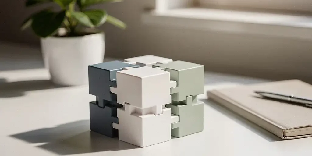 Modulaire bouwblokken in gedempte kleuren op een wit bureau, symboliseren samenhangende servicecomponenten, met notitieboek en plant.