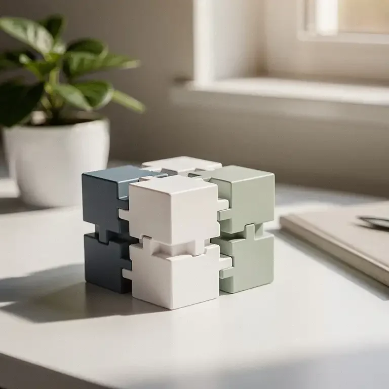 Modulaire bouwblokken in gedempte kleuren op een wit bureau, symboliseren samenhangende servicecomponenten, met notitieboek en plant.