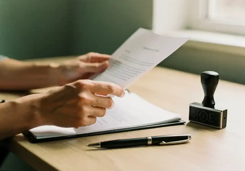 Handen van een ondernemer die een zakelijk contract doorleest op een houten bureau, met een bedrijfsstempel en pen ernaast.