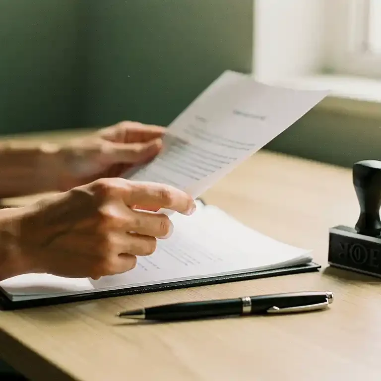 Handen van een ondernemer die een zakelijk contract doorleest op een houten bureau, met een bedrijfsstempel en pen ernaast.
