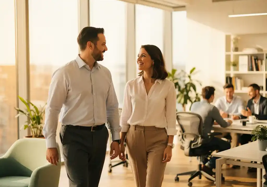 Manager en medewerker lopen samen door licht, modern kantoor; collega's werken op de achtergrond in warme, sfeervolle omgeving.