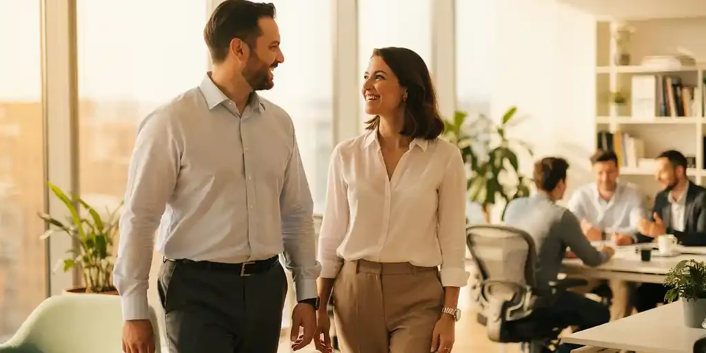 Manager en medewerker lopen samen door licht, modern kantoor; collega's werken op de achtergrond in warme, sfeervolle omgeving.