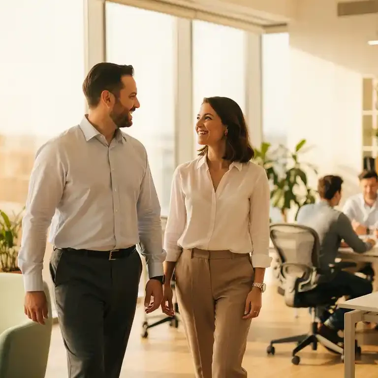 Manager en medewerker lopen samen door licht, modern kantoor; collega's werken op de achtergrond in warme, sfeervolle omgeving.